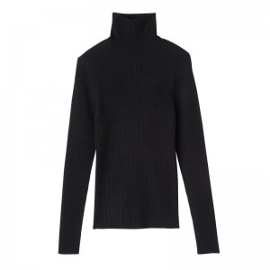 long champ High collar fitted Knit Női Pulóver Fekete | HUQM7801