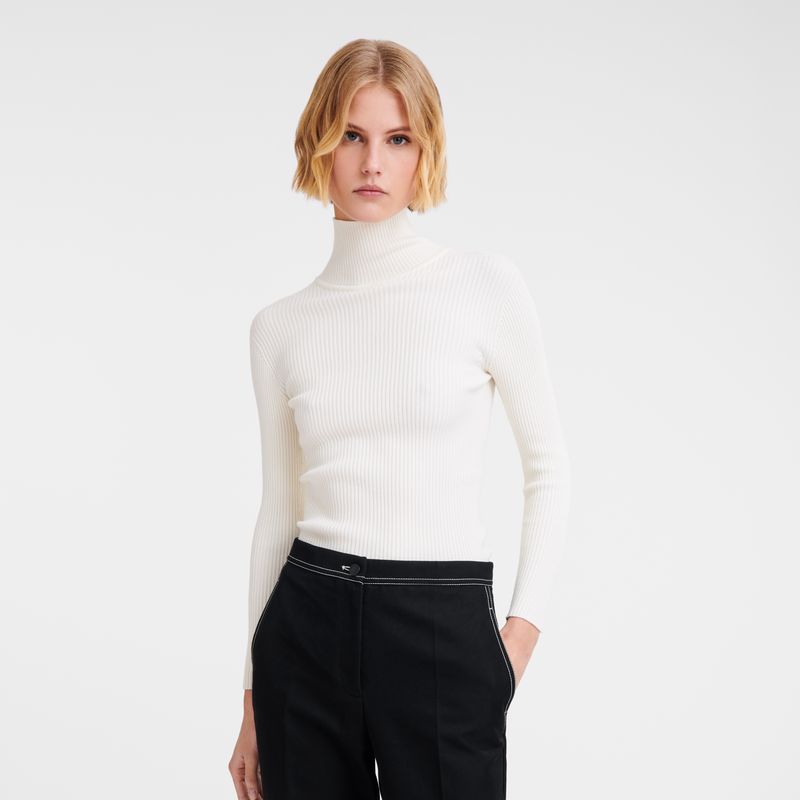 long champ High collar fitted Knit Női Pulóver Ecru | HUWN7802