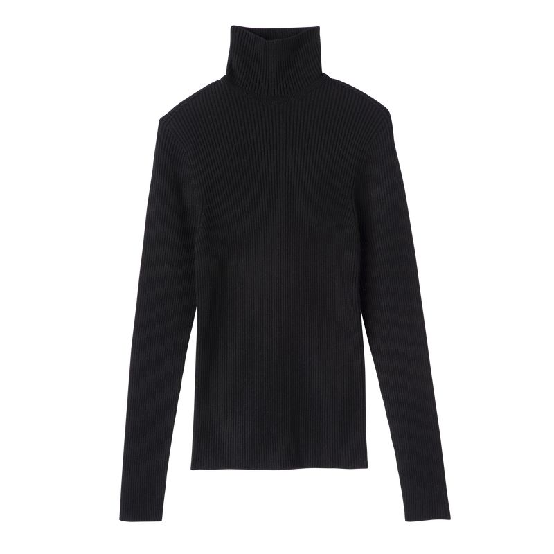 long champ High collar fitted Knit Női Pulóver Fekete | HUMQ7723