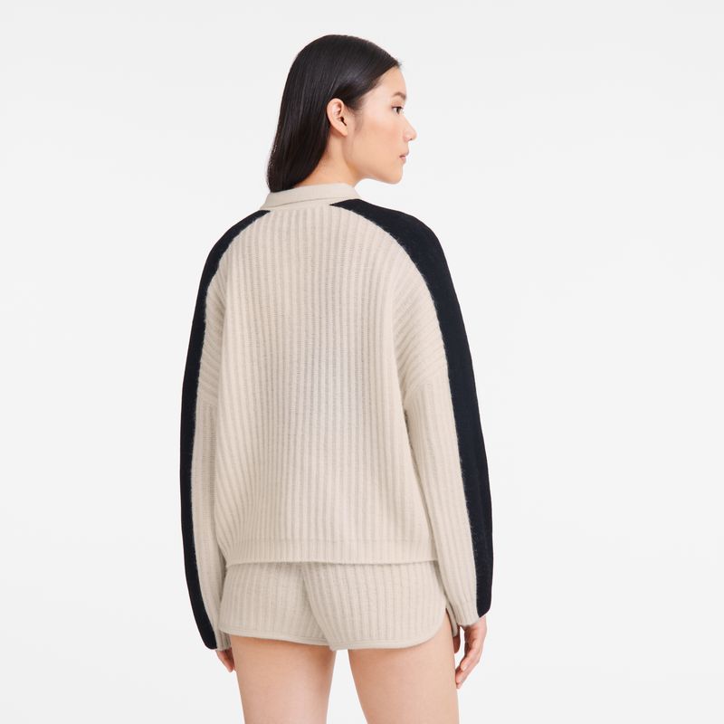 long champ Polo collar Knit Női Pulóver Ecru | HUVR7726