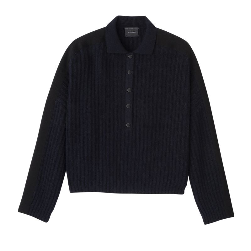 long champ Polo collar Knit Női Pulóver Sötétkék | HUEB7803