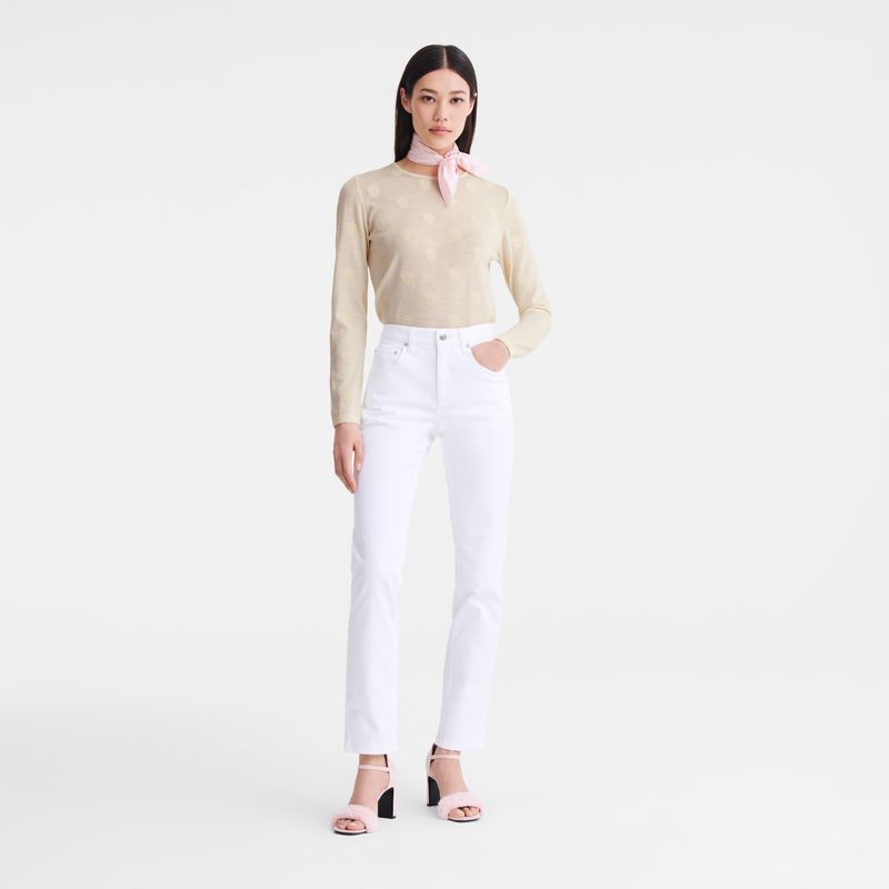 long champ Round neck Embroidered knit Női Pulóver Ecru | HUEB7746