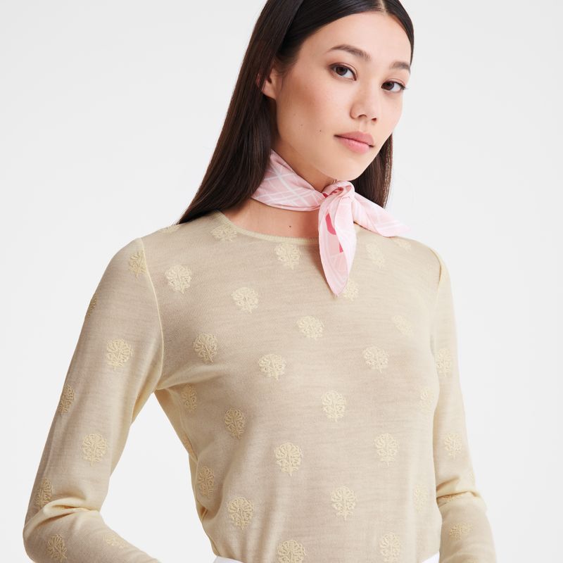 long champ Round neck Embroidered knit Női Pulóver Ecru | HUEB7746